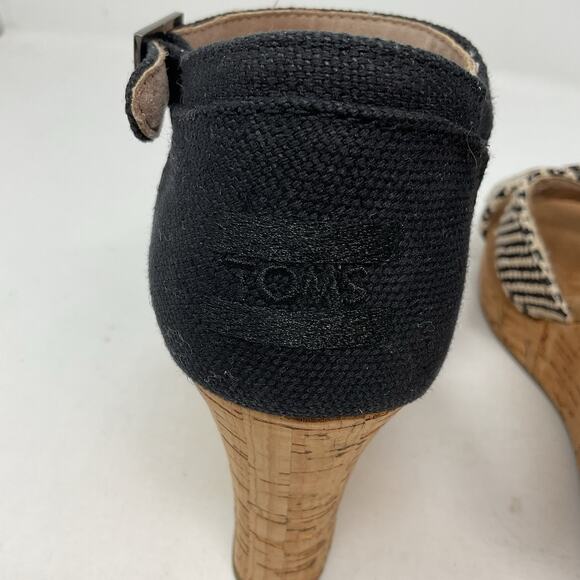 Toms Sienna Wedge Sandal Womens 7.5 Black Strappy Ankle Strap Cork Platform - Picture 7 of 13
